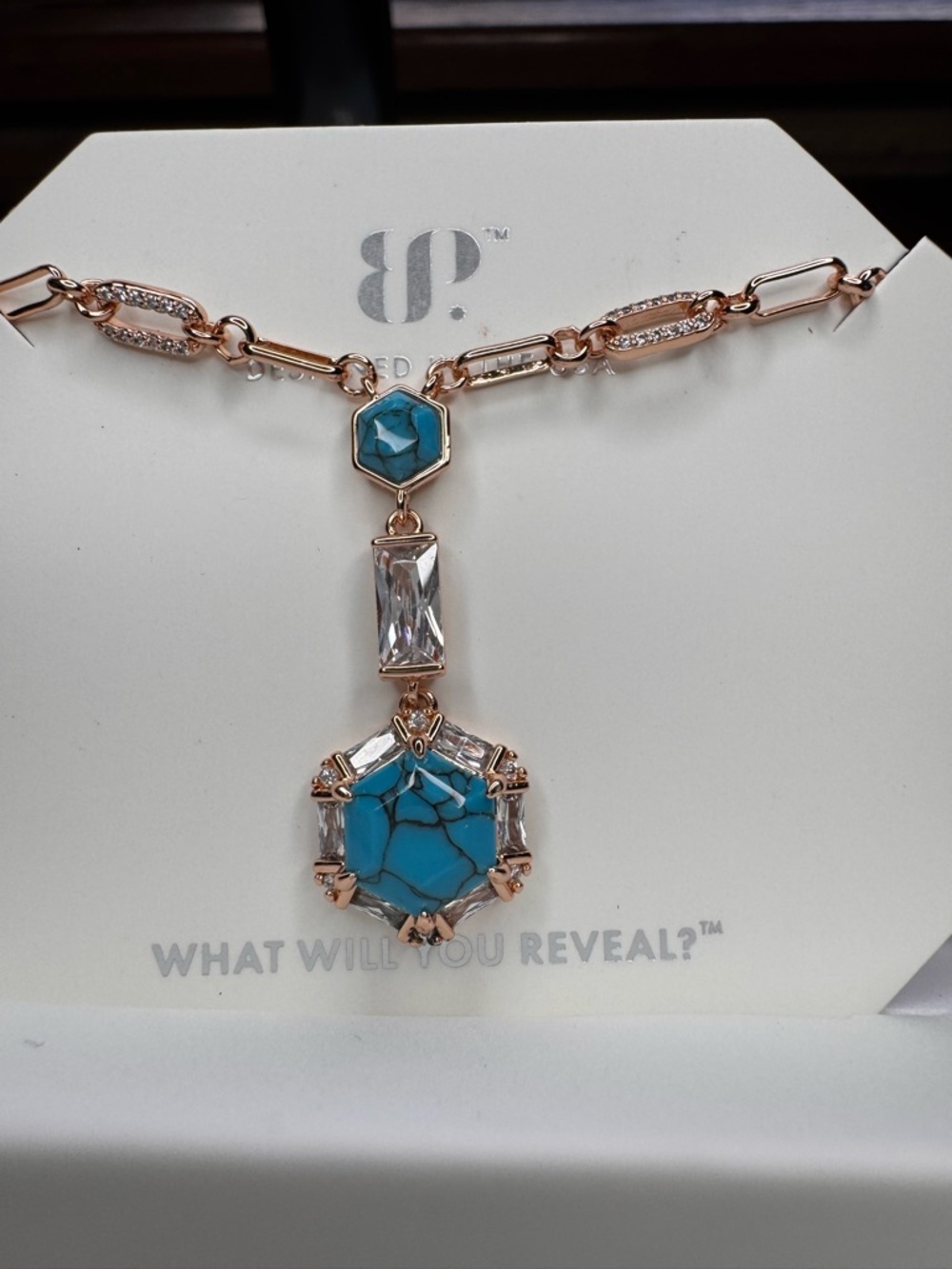 Blue Turquoise Pendant Necklace - Rose Gold Tone